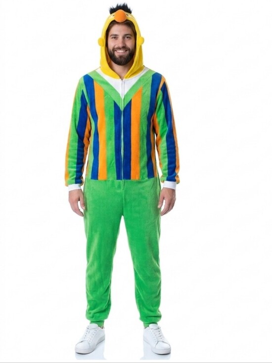Sesame Street Other - Sesame Street Men’s Green Yellow Purple Orange Striped Bert Onesie Costume M